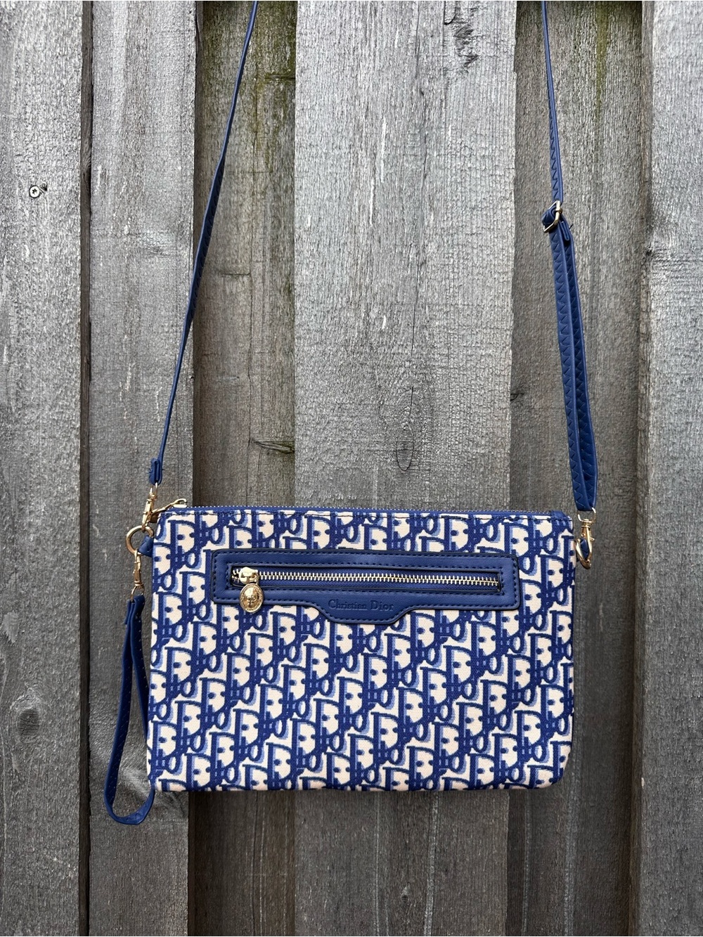 Logo Inspired Blue and White Oblique Canvas Crossbody Pouch - Picture 3 of 6